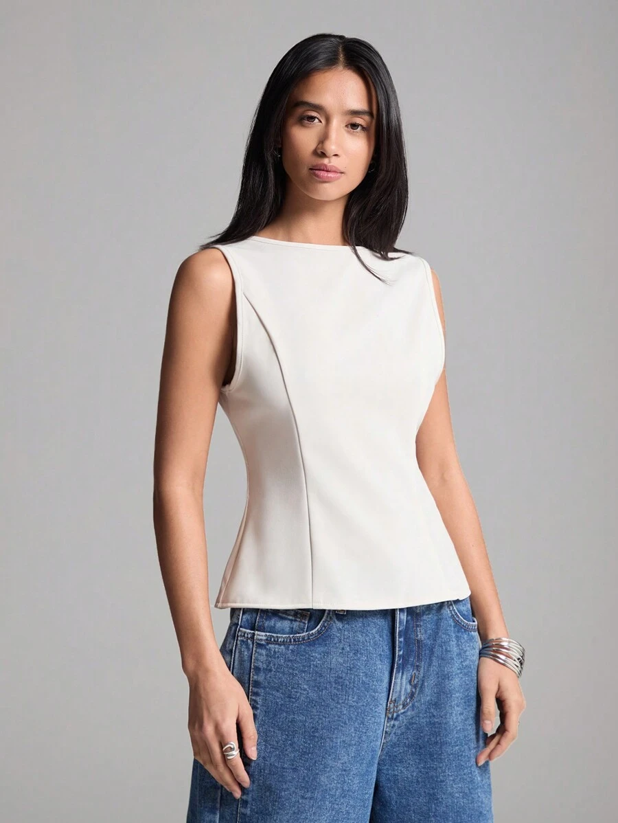 SHEIN EZwear 大码优雅黑色收腰无袖背心，夏季 - 白色 - 查看 1