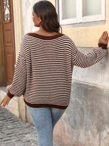 SHEIN LUNE 大码女式露肩横条纹单肩套头衫商务休闲女士、度假装、乡村上衣