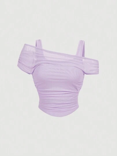 SHEIN MOD Women's Purple Solid Color Mesh Overlay Tank Top