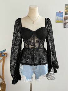 Soleia Women's Black,Autumn,Elegant,Night Out Bohemian Style Floral Knitted Mesh Lace Crop Tops,Beaded Ruffled Vacation Party Tank Tops - Black - View 1