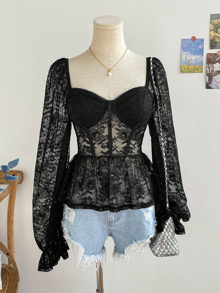 Soleia Women's Black,Autumn,Elegant,Night Out Bohemian Style Floral Knitted Mesh Lace Crop Tops,Beaded Ruffled Vacation Party Tank Tops - Black - View 1