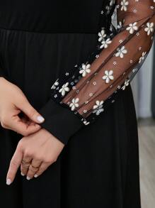 SHEIN Frenchy Plus Size Floral Mesh Patchwork Long Sleeve Dress - Black - View 7
