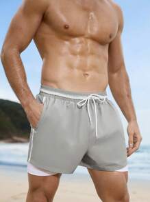 Surfspeed Men's Casual Drawstring Waist 2 In 1 Beach Shorts Men Swim Trunks - Light Grey - View 5