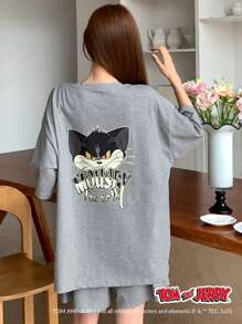 TOM AND JERRY X DAZY 休闲字母印花装饰卡通图案短袖和短裤两件套家居服套装睡衣 - 深灰色 - 查看 4