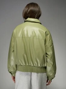 MISSGUIDED 超大款优质PU皮革飞行员夹克，时尚街头风单品，弹性腰带，拉链前襟，秋冬厚外套，圣诞节必备。 - 綠色 - 查看 2