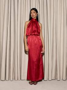 AiiRZ Luxurious Halter Neck Satin Evening Maxi Dress Party Gown Wedding Guest Formal Holiday Special Occasion Long Elegant Flowy Dress - Red - View 1