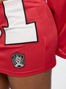 SUMWON WOMEN Retro Sports Team Jersey Mini Skirt With High Waist Drawstring Design, Athletic Style Short Skirt With Logo Badge, Perfect For Cheerleader Costume Party Dance Team Spirit Wear UniForm - Red - View 5