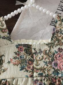 Infant & Baby Girl Ruffle Collar Floral Print Bowknot Romper With Ruffled Short Sleeve, Comfortable & Sweet, Suitable For Home & Outdoor, Spring/Summer/Autumn