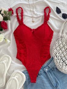 Mono casual vintage con textura de punto, con adorno de encaje romántico para mujeres, ropa de verano rosa - Rojo - Ver 5