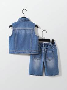 Set de 2 pantalones cortos de mezclilla casual con estilo urbano y callejero para niños pequeños, con cintura elástica y efecto desgastado