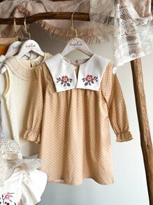 SHEIN Bebeluși, primăvară/toamnă, rochie simplă, elegantă, cu guler brodat, cu mânecă lungă, potrivită pentru ieșiri, vacanțe, petreceri, design relaxant și confortabil pentru copil mic