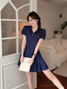 DAZY 女式夏季休闲马球领短袖迷你连衣裙