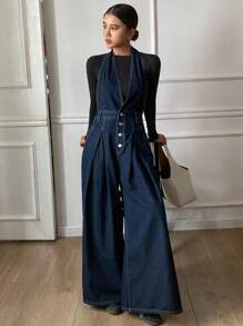 Livesso 女士无袖牛仔背带裤和连衣裤 - 深色水洗藍 - 查看 2