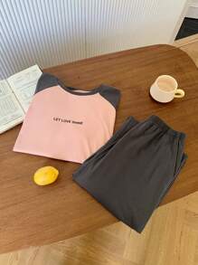 DAZY 2pcs Set Women Letter Print Raglan Sleeve Short Sleeve Loose Fitting Sleepwear/Loungewear Pajama - Pink - View 6