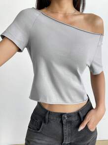Flirla 灰色露肩卷边修身露肩休闲短袖 T 恤 - 灰色 - 查看 1