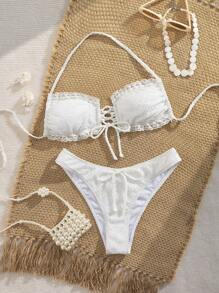 Conjunto de bikini de 2 piezas para mujer/niña con parte superior halter con cuello de encaje floral y Bottom tipo braguita con moño, adecuado para playa y resort