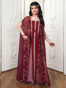 2 件套少女雪纺花卉印花夹克和无袖束腰连衣裙套装 - 酒紅色 - 查看 5