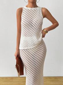 SHEIN Unity Set de 2 piezas de top sin mangas y falda tejidos a ganchillo con diseño calado - Blanco - Ver 1