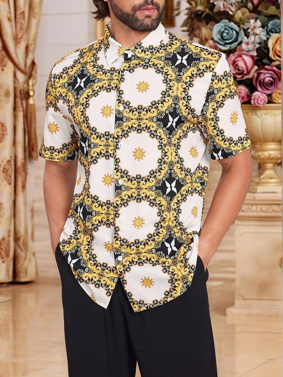 Manfinity Homme Men's Casual Vintage All-Over Print Short Sleeve Shirt - Apricot - View 1