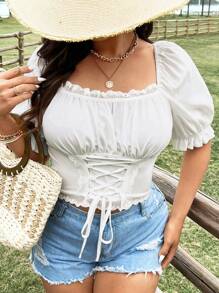 Sunnyshic Blusa de estilo francés para mujer de talla grande con cuello cuadrado, encaje de contraste, mangas abullonadas, ajustable con nudo en la cintura