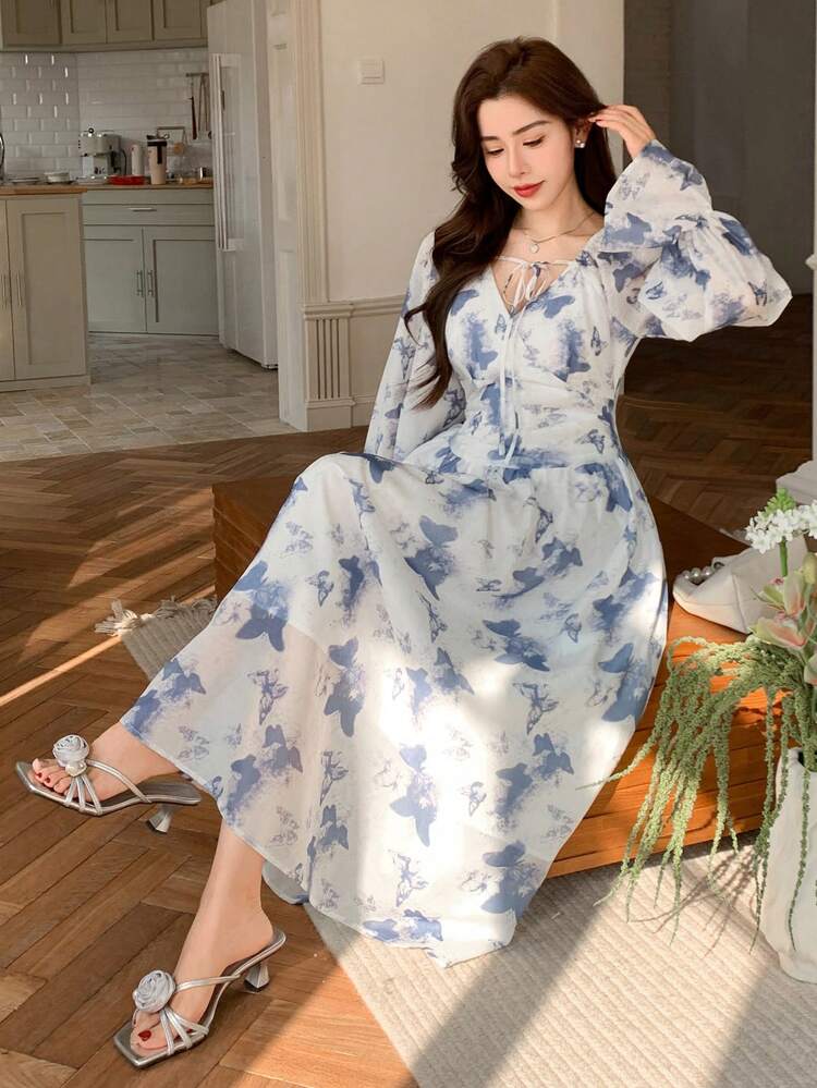 Women's Long Floral Print Drawstring Waist Dress, Butterfly Decor, Holiday & Beach Style, Spring/Summer Draped Dress Women Dresses Vacation Women Dresses Elegant Gown Party Women Dresses Boho