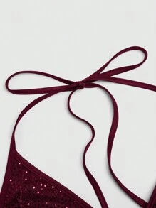 Flirla 大码亮片露背吊带背心上衣和高腰褶皱紧身裙 2 件套，性感夜店派对必备 - 酒紅色 - 查看 9