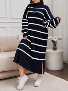 EURMUSE Plus Striped Drop Shoulder Sweater Dress For Autumn & Winter - Navy Blue - View 1