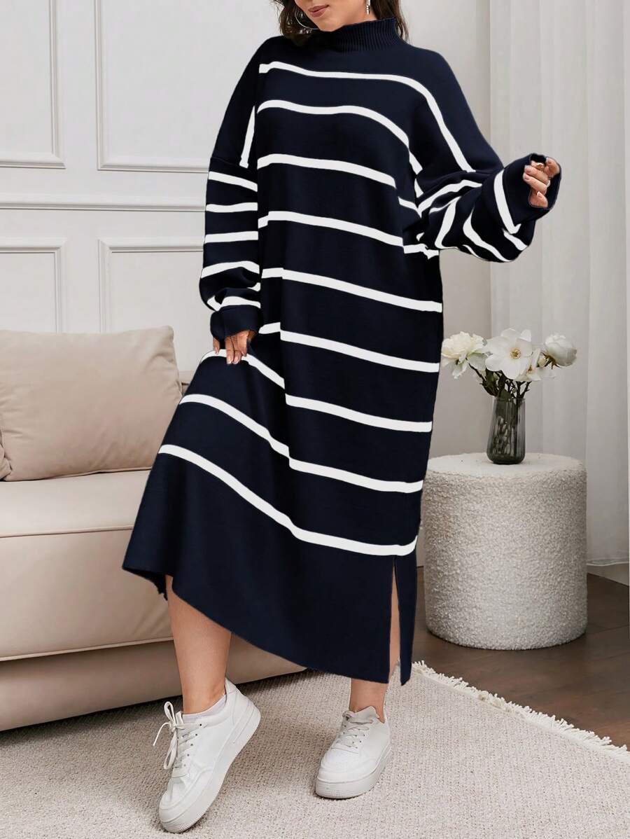 EURMUSE Plus Striped Drop Shoulder Sweater Dress For Autumn & Winter - Navy Blue - View 1