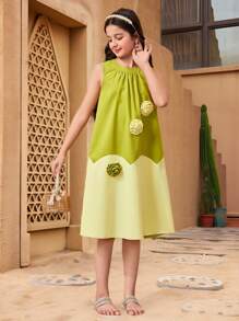Tween Girl Green & Yellow Patchwork 3D Floral A-Line Dress