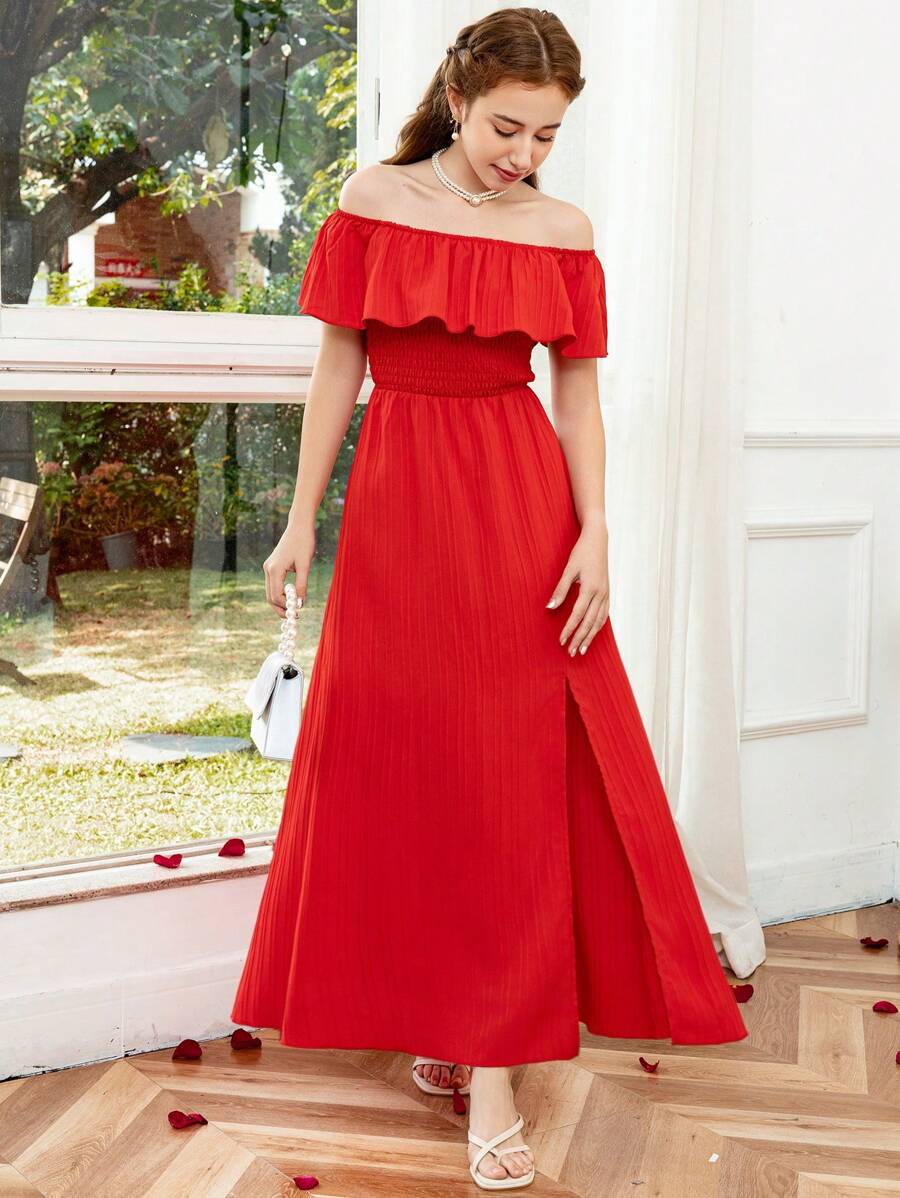 Teen Girl Ruffle Off Shoulder Convertible Shirred Slit Dress - Red - View 1
