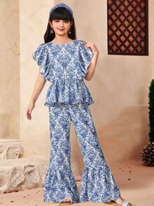 SHEIN Set de 2 piezas para niñas preadolescentes: Blusa superior con cuello redondo con volantes y estampado floral retro y pantalones anchos y holgados, para vacaciones/campo