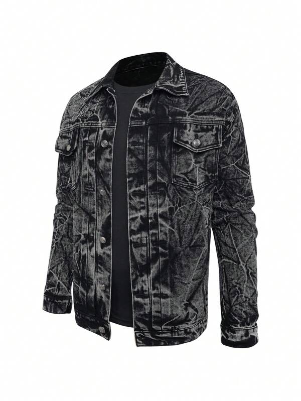 Manfinity LEGND Plus Size Men Front Button Long Sleeve Pocket Casual Denim Jacket, Fall