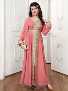 Sequin Patchwork Split Hem Dress With Long Sleeves For Teenage Girls - Pink - View 4