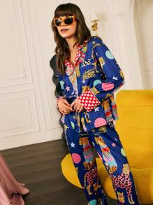 Chillnights Conjunto de pijama de mujer con estampado de leopardo y contraste de color