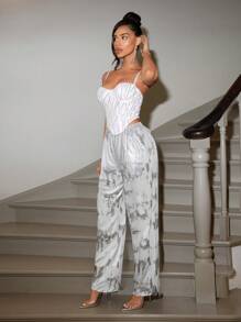 Zolique Pantalon long femme simple ample et sexy imprimé en feuille d'argent, pour un port casual quotidien