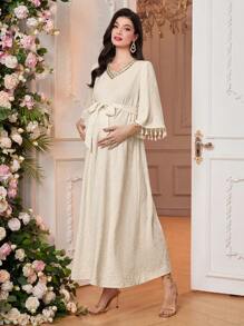 SHEIN Maternity Solid Color Patchwork Tassel Decor Simple Casual Dress