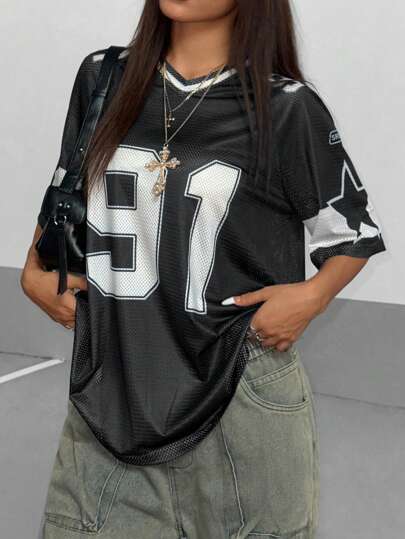 StreetHx Women's Numeric Print Short Sleeve Mesh Colorblock Loose Fit Sports T-Shirt, Spring/Summer Graphic Tees Women Tops.Summer Outfits For Women