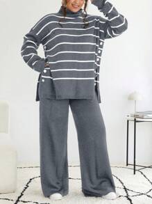 RueChic Striped Pattern Drop Shoulder Sweater & Flare Leg Knit Pants - Grey - View 1