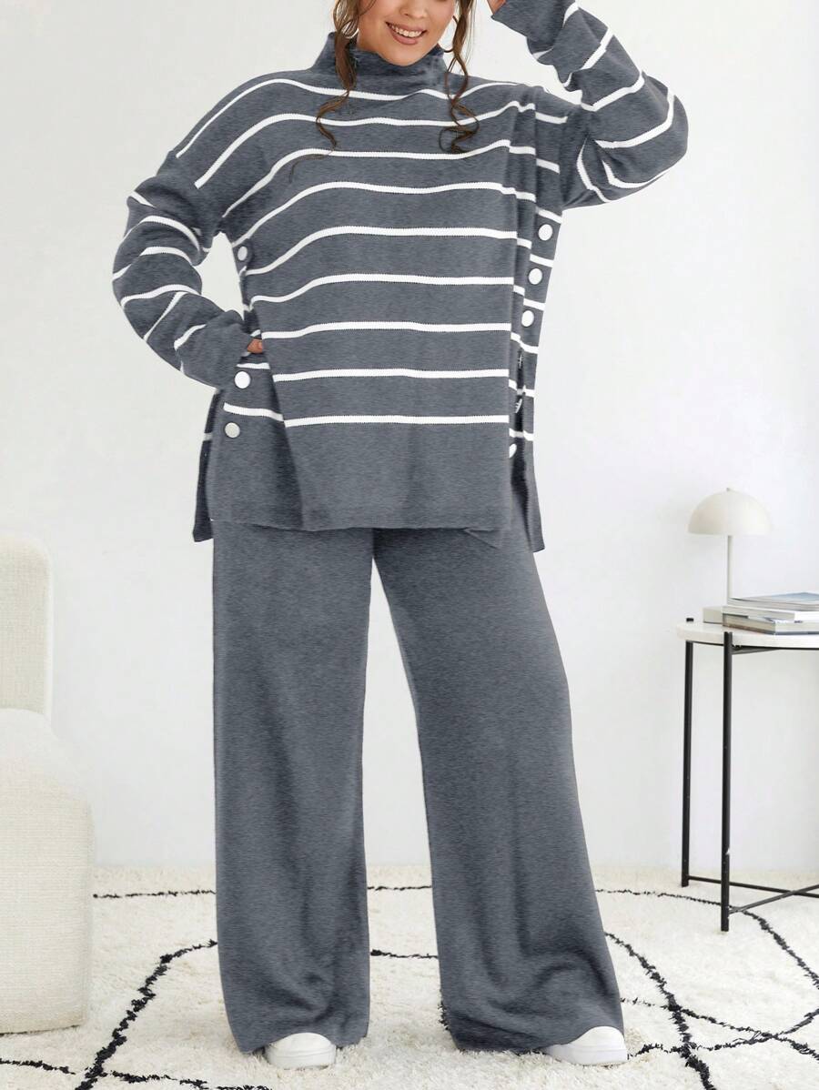 RueChic Striped Pattern Drop Shoulder Sweater & Flare Leg Knit Pants - Grey - View 1