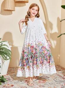 SHEIN Tween Girls V-Neck Puff Sleeve Loose Mid-Length A-Line Printed Dress - White - View 5