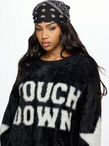 SUMWON WOMEN Sudadera de punto de invierno cálida y holgada, de estilo urbano casual, con manga larga, estampado de texto y fleece. Incluye pañuelo bandana - Negro - Ver 3