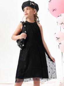 SHEIN Explorewe Tween Girls Butterfly Pattern Bow Lace A-Line Dress - Black - View 6