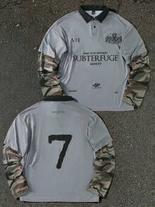 Manfinity Campus Court Aesthetic Post--Men's Letter & Camouflage Patchwork Long Sleeve Casual Polo Shirt, Autumn - Grey - View 1