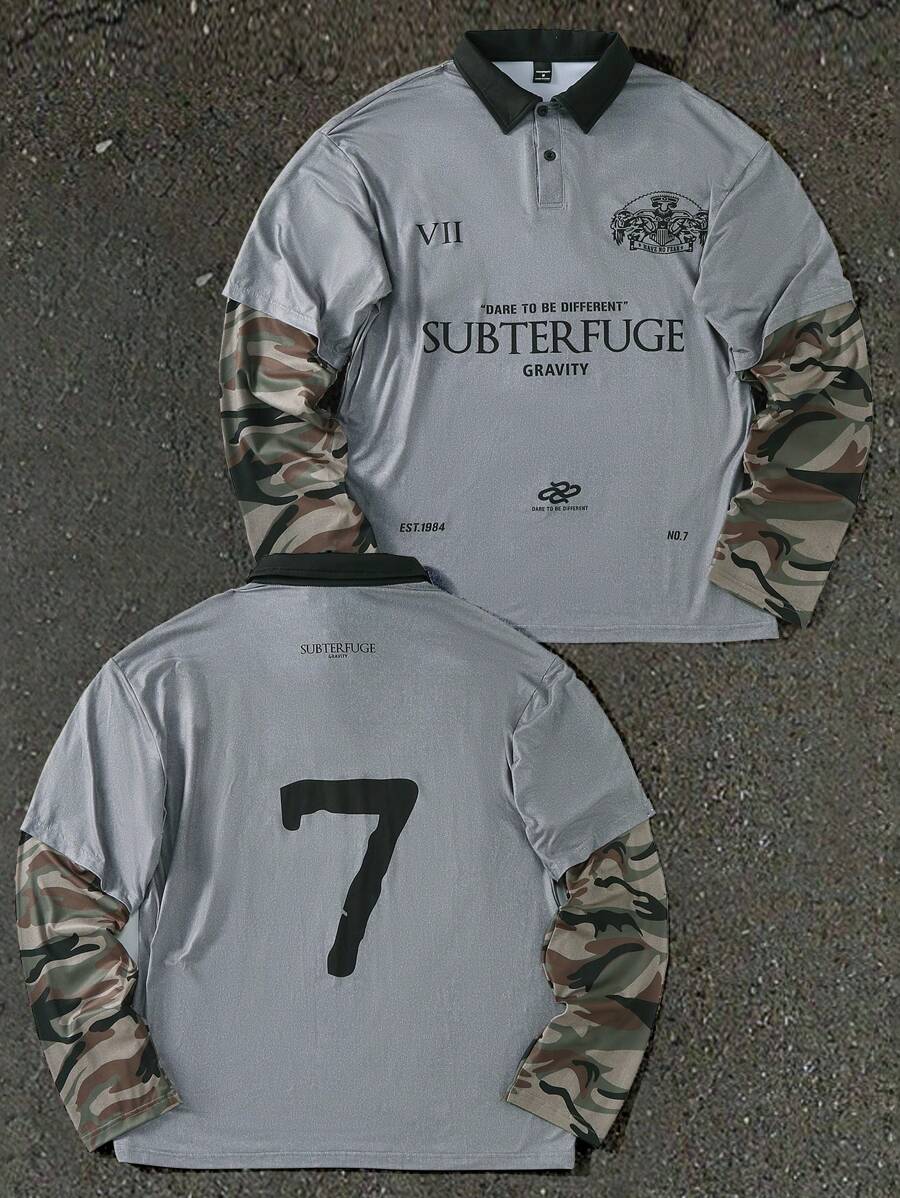 Manfinity Campus Court Aesthetic Post--Men's Letter & Camouflage Patchwork Long Sleeve Casual Polo Shirt, Autumn - Grey - View 1