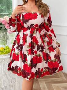 Flirla 大码 V 领红玫瑰花卉印花优雅 A 字中长连衣裙，适合度假 - 彩色 - 查看 4