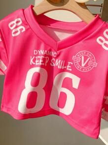 2pcs/Set Baby Girl Infant Toddler (0-3 Years) Fashion Sports V-Neck Fuchsia Short Sleeve Jersey T-Shirt And Pleated Skirt Outfit Girls Outfit Sets