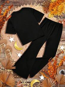 SHEIN Leap Crew Set de 2 piezas de top de manga corta y pantalones con estampado de niña, estrellas y luna, estilo minimalista y casual para niña en verano - Negro - Ver 2