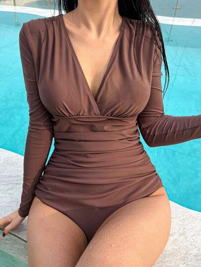 DAZY Traje de baño de una pieza con cuello en V sólido y manga larga casual para mujer, adecuado para uso diario, para vacaciones de verano en la playa