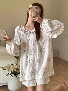 DAZY 2pcs Women Floral All Over Print Loose Long Sleeve Pajamas Set - Beige - View 3
