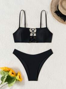 Swim SXY Sexy Criss-Cross Strap Bikini Set, Beach Outfit For Women For Summer Beach Vacation - Black - View 2